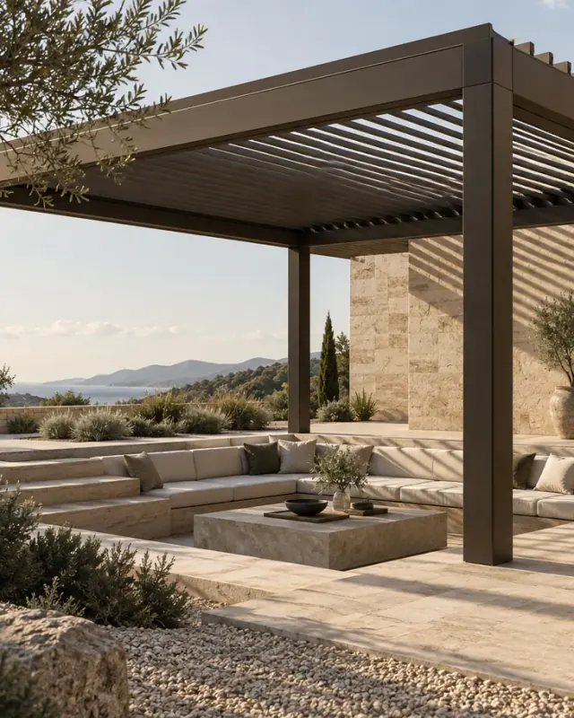 Bioklimatik pergola lamellerinin traverten avluda oluşturduğu çizgisel gölgeler