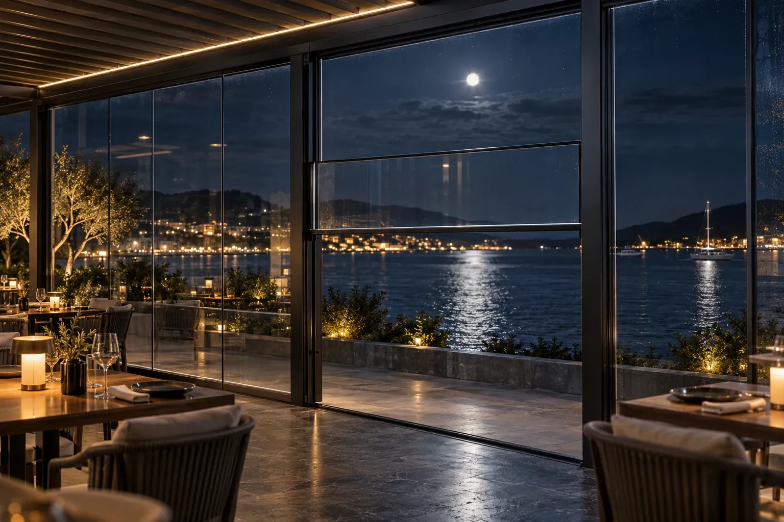 Gece, sahil restoranında yarı açık konumdaki motorlu giyotin cam sistemi